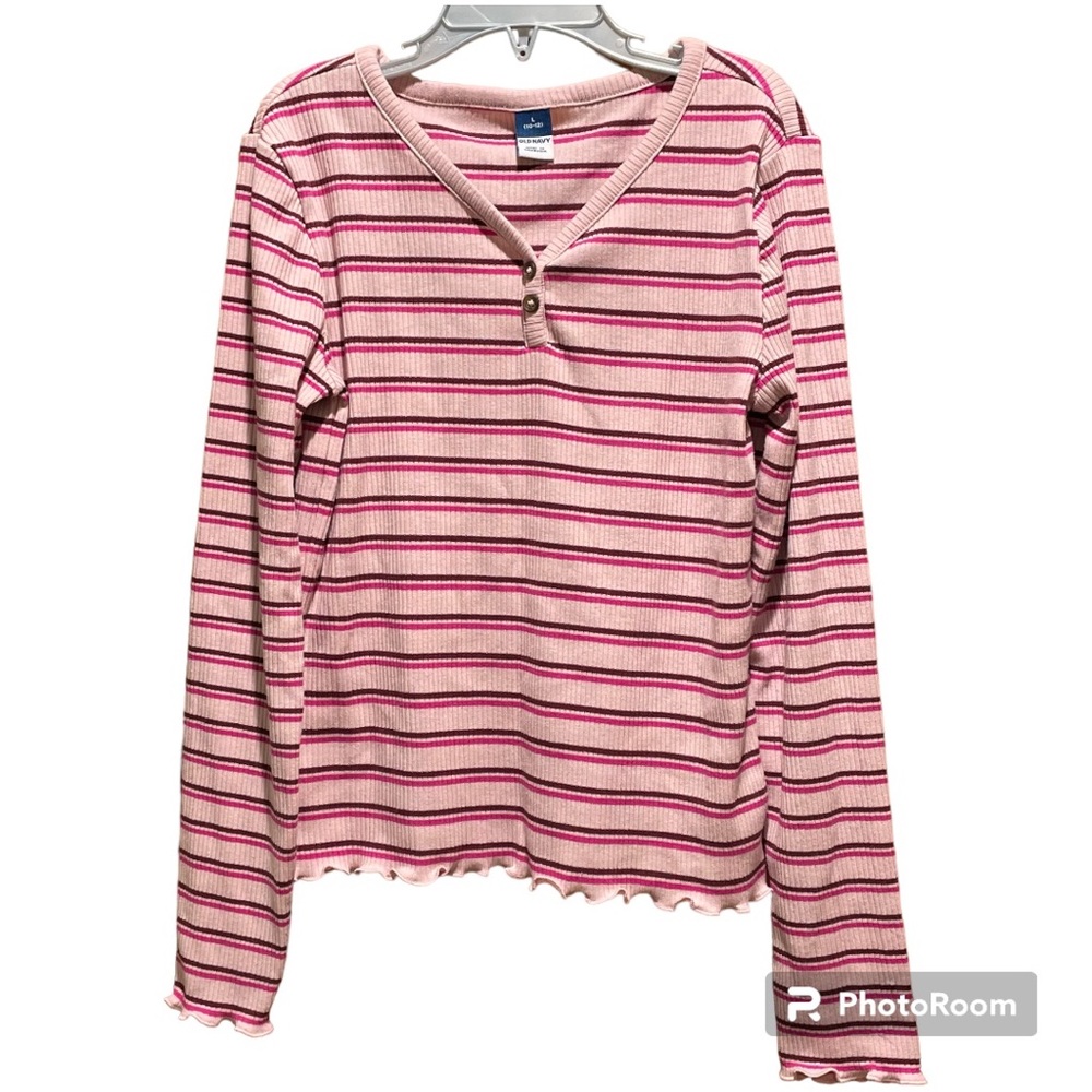 Old Navy Girls Large 10-12 Pink Long Sleeve Two Button V Neck Striped Shirt
